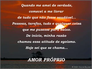 Quando me amei de verdade, comecei a me livrar  de tudo que não fosse saudável... Pessoas, tarefas, tudo e qualquer coisa que me pusesse para baixo. De início, minha razão  chamou essa atitude de egoísmo. Hoje sei que se chama... AMOR PRÓPRIO 