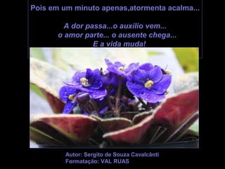 Pois em um minuto apenas,atormenta acalma...

         A dor passa...o auxílio vem...
       o amor parte... o ausente chega...
                 E a vida muda!




         Autor: Sergito de Souza Cavalcânti
         Formatação: VAL RUAS
 