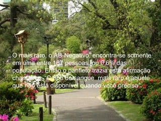 O mais raro, o AB-Negativo, encontra-se somente em uma entre 167 pessoas, ou 0,6% das população. Então o panfleto trazia esta afirmação chamativa: “O tipo de sangue mais raro é aquele que não está disponível quando você precisa”.