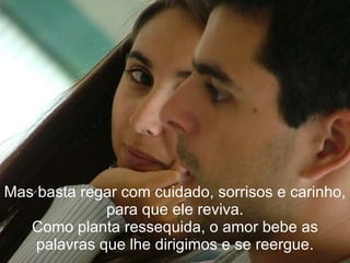 Mas basta regar com cuidado, sorrisos e carinho, para que ele reviva. Como planta ressequida, o amor bebe as palavras que lhe dirigimos e se reergue. 