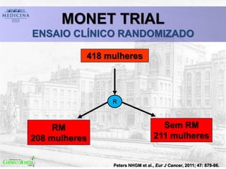 Peters NHGM et al., Eur J Cancer, 2011; 47: 879-86.
MONET TRIAL
ENSAIO CLÍNICO RANDOMIZADO
Sem RM
211 mulheres
RM
208 mulheres
R
418 mulheres
 