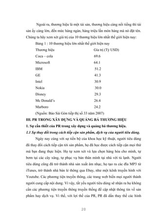 20
Ngoài ra, thương hiệu là một tài sản, thương hiệu càng nổi tiếng thì tài
sản ấy càng lớn, đến mức hàng ngàn, hàng triệu lần món hàng mà nó đặt tên.
Chúng ta hãy xem xét giá trị của 10 thương hiệu lớn nhất thế giới hiện nay:
Bảng 1 : 10 thương hiệu lớn nhất thế giới hiện nay
Thương hiệu Gía trị (Tỷ USD)
Coca – cola 69.6
Microsoft 64.1
IBM 51.2
GE 41.3
Intel 30.9
Nokia 30.0
Disney 29.3
Mc Donald’s 26.4
Marboro 24.2
(Nguồn: Báo Sài Gòn tiếp thị số 33 năm 2007)
III. PR TRONG XÂY DỰNG VÀ QUẢNG BÁ THƯƠNG HIỆU
1. Sự cần thiết của PR trong xây dựng và quảng bá thương hiệu.
1.1 Sự thay đổi trong cách tiếp cận sản phẩm, dịch vụ của người tiêu dùng.
Ngày nay cùng với sự tiến bộ của khoa học kỹ thuật, người tiêu dùng
đã thay đổi cách tiếp cận tới sản phẩm, họ đã học được cách tiếp cận mọi thứ
mà bạn đang thực hiện. Họ tự xem xét và lựa chọn hàng hóa cho mình, tự
bơm tại các cây xăng, tự phục vụ bản thân mình tại nhà với tủ lạnh. Người
tiêu dùng cũng đã trở thành nhà sản xuất âm nhạc, họ tạo ra các đĩa MP3 từ
iTunes, trở thành nhà bán lẻ thông qua Ebay, như một kênh truyền hình với
Youtube. Các phương tiện truyền thông, các trang web biến mọi người thành
người cung cấp nội dung. Vì vậy, tất yếu người tiêu dùng sẽ nhận ra họ không
cần các phương tiện truyền thông truyền thống để cập nhật thông tin về sản
phẩm hay dịch vụ. Vì thế, với lợi thế của PR, PR đã dần thay thế các hình
 