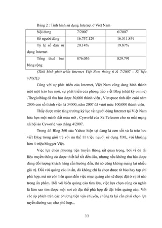 33
Bảng 2 : Tình hình sử dụng Internet ở Việt Nam
Nội dung 7/2007 6/2007
Số người dùng 16.737.129 16.511.849
Tỷ lệ số dân sử
dụng Internet
20.14% 19.87%
Tổng thuê bao
băng rộng
876.056 829.791
(Tình hình phát triển Internet Việt Nam tháng 6 & 7/2007 – Số liệu
VNNIC)
Cùng với sự phát triển của Internet, Việt Nam cũng đang hình thành
một một trào lưu mới, sự phát triển của phong trào viết Blog (nhật ký online)
.Thegioiblog đã thu hút được 30,000 thành viên , Vietspace tính đến cuối năm
2006 con số thành viên là 34000, năm 2007 đã vượt mức 100,000 thành viên.
Thấy được mức tăng trưởng kỷ lục về người dùng Internet tại Việt Nam
hứa hẹn một mảnh đất màu mỡ , Cyworld của Sk Telecom cho ra mắt mạng
xã hội ảo Cyworld vào tháng 4/2007.
Trong đó Blog 360 của Yahoo hiện tại đang là cơn sốt và là trào lưu
viết Blog trong giới trẻ với ưu thế 11 triệu người sử dụng YM,. với khoảng
hơn 4 triệu blogger Việt.
Việc lựa chọn phương tiện truyền thông rất quan trọng, bởi vì dù tài
liệu truyền thông có được thiết kế tốt đến đâu, nhưng nếu không thu hút được
đúng đối tượng khách hàng cần hướng đến, thì nó cũng không mang lại nhiều
giá trị. Đối với quảng cáo in ấn, đó không chỉ là chọn được tờ báo hay tạp chí
phù hợp, mà nó còn liên quan đến việc mục quảng cáo sẽ được đặt ở vị trí nào
trong ấn phẩm. Đối với biển quảng cáo tấm lớn, việc lựa chọn cũng có nghĩa
là làm sao tìm được một nơi có địa thế phù hợp để đặt biển quảng cáo. Với
các áp phích trên các phương tiện vận chuyển, chúng ta lại cần phải chọn lựa
tuyến đường sao cho phù hợp...
 