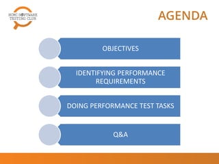 AGENDA
OBJECTIVES
IDENTIFYING PERFORMANCE
REQUIREMENTS
DOING PERFORMANCE TEST TASKS
Q&A
 