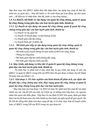 8
Dựa theo mục tiêu QHCC nhằm thay đổi nhận thức; tạo dựng hay củng cố thái độ,
niềm tin, sự quan tâm...; thay đổi hành vi: lôi cuốn tham gia hoạt động, tạo thói quen
mới...; để điều tra về nhận thức, thái độ, hành vi của công chúng...
1.3. Lý thuyết, mô hình và vận dụng vào quan hệ công chúng, quản lý quan
hệ công chúng trong giáo dục của ban tuyên giáo tỉnh, thành ủy
1.3.1. Lý thuyết và vận dụng vào quan hệ công chúng, quản lý quan hệ công
chúng trong giáo dục của ban tuyên giáo tỉnh, thành ủy
- Lý thuyết về các quan hệ
- Lý thuyết về thuyết phục và ảnh hưởng xã hội
- Lý thuyết giao tiếp đại chúng
- Lý thuyết tham dự và phân cấp
1.3.2. Mô hình giao tiếp và vận dụng trong quan hệ công chúng, quản lý
quan hệ công chúng trong giáo dục của ban tuyên giáo tỉnh, thành ủy
- Mô hình tuyên truyền thông tin một chiều từ BTG tới công chúng.
- Thông tin công khai.
- Mô hình giao tiếp hai chiều không đối xứng.
- Mô hình giao tiếp hai chiều cân đối.
1.4. Quy trình, nội dung và tiêu chí về quản lý quan hệ công chúng trong
giáo dục của ban tuyên giáo tỉnh, thành ủy
Từ trình bày và phân tích ở trên, dưới đây là quy trình, nội dung và tiêu chí
QHCC và quản lý QHCC trong GD của BTG theo 04 giai đoạn và được chi tiết thành
09 bước như sau (Hình 1.2)
1.4.1. Giai đoạn 1: Tổ chức nghiên cứu hình thành để phân tích, xác định vấn
đề giáo dục, công chúng mục tiêu, thực trạng quan hệ công chúng và quản lý
quan hệ công chúng trong giáo dục của ban tuyên giáo
Mục tiêu kép của Giai đoạn 1 là: BTG tổ chức NC phân tích bối cảnh để xác định
chính xác các vấn đề GD của tỉnh, tp ở hiện tại và những năm tiếp theo, các nguyên
nhân liên quan cần khắc phục. Tiếp theo là xác định CCMT liên quan, đánh giá nhận
thức của họ để tham mưu cho tỉnh, thành ủy ban hành các nghị quyết để giải quyết vấn
đề GD đó; đồng thời phân tích thực trạng để lập và tổ chức thực hiện kế hoạch chiến
lược về QHCC trong GD của BTG trong các giai đoạn tới.
 