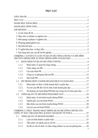 MỤC LỤC
ii
LỜI CẢM ƠN...................................................................................................................i
MỤC LỤC ...................................................................................................................... ii
DANH MỤC BẢNG BIỂU.............................................................................................v
DANH MỤC HÌNH ẢNH..............................................................................................vi
LỜI MỞ ĐẦU .................................................................................................................1
1. Lý do chọn đề tài .....................................................................................................1
2. Mục tiêu và nhiệm vụ nghiên cứu ...........................................................................1
3. Đối tƣợng và phạm vi nghiên cứu ...........................................................................2
4. Phƣơng phápnghiên cứu.........................................................................................2
5. Dự kiến kết quả........................................................................................................2
6. Ý nghĩa khoa học và thực tiễn.................................................................................2
7. Nội dung báo cáo của đồ án tốt nghiệp ...................................................................3
CHƢƠNG 1: CƠ SỞ LÝ LUẬN VỀ QUAN HỆ CÔNG CHÚNG VÀ MÔ HÌNH
TRUYỀN THÔNG HỘI TỤ PESO TRONG ĐƠN VỊ GIÁO DỤC...............................4
1.1. KHÁI NIỆM VỀ QUAN HỆ CÔNG CHÚNG..................................................4
1.1.1. Khái niệm về quan hệ công chúng...........................................................4
1.1.2. Chức năng của PR....................................................................................4
1.1.3. Các loại hình PR ......................................................................................5
1.1.4. Công cụ và phƣơng tiệncủa PR.............................................................13
1.1.5. Qui trình PR...........................................................................................14
1.2. PR TRONG ĐƠN VỊ KINH DOANH DỊCH VỤ GIÁO DỤC.......................17
1.2.1. Khái niệm về đơn vị kinh doanh dịch vụ giáo dục ................................17
1.2.2. Vai trò của PR đối với tổ chức kinh doanh giáo dục.............................17
1.2.3. Xu hƣớng các hoạt động PR hiện nay trong các tổ chức giáo dục.........17
1.3. TỔNG QUAN VỀ MÔ HÌNH PESO HIỆN NAY ..........................................18
1.3.1. Khái niệm về mô hình truyền thông PESO............................................18
1.3.2. Nguồn gốc của mô hình PESO ..............................................................19
1.3.3. Đặc điểm của mô hình truyền thông PESO ...........................................20
1.3.4. Lợi ích của mô hình PESO ....................................................................25
CHƢƠNG 2: THỰC TRẠNG HOẠT ĐỘNG QUAN HỆ CÔNG CHÚNG CỦA
CÔNG TY ĐẦU TƢ GIÁO DỤC & ĐÀO TẠO QUỐC TẾ IVINA...........................27
2.1. TỔNG QUAN VỀ DOANH NGHIỆP.............................................................27
2.1.1. Lịch sử hình thành và phát triển ............................................................27
2.1.2. Tầm nhìn, sứ mệnh, giá trị cốt lõi..........................................................28
2.1.3. Sơ đồ cơ cấu tổ chức và chức năng nhiệm vụ của các phòng ban.........30
 