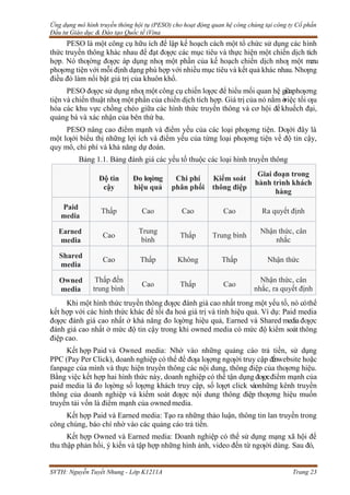 Ứng dụng mô hình truyền thông hội tụ (PESO) cho hoạt động quan hệ công chúng tại công ty Cổ phần
Đầu tư Giáo dục & Đào tạo Quốc tế iVina
SVTH: Nguyễn Tuyết Nhung - Lớp K1211A Trang 23
PESO là một công cụ hữu ích để lập kế hoạch cách một tổ chức sử dụng các hình
thức truyền thông khác nhau để đạt đƣợc các mục tiêu và thực hiện một chiến dịch tích
hợp. Nó thƣờng đƣợc áp dụng nhƣ một phần của kế hoạch chiến dịch nhƣ một m
en
u
phƣơng tiện với mỗi định dạng phù hợp với nhiều mục tiêu và kết quả khác nhau.Nhƣng
điều đó làm nổi bật giá trị của khuôn khổ.
PESO đƣợc sử dụng nhƣ một công cụ chiến lƣợc để hiểu mối quan hệ giữaphƣơng
tiện và chiến thuật nhƣ một phần của chiến dịch tích hợp. Giá trị của nó nằm ở
việc tối ƣu
hóa các khu vực chồng chéo giữa các hình thức truyền thông và cơ hội đểkhuếch đại,
quảng bá và xác nhận của bên thứ ba.
PESO nâng cao điểm mạnh và điểm yếu của các loại phƣơng tiện. Dƣới đây là
một lƣới biểu thị những lợi ích và điểm yếu của từng loại phƣơng tiện về độ tin cậy,
quy mô, chi phí và khả năng dự đoán.
Bảng 1.1. Bảng đánh giá các yếu tố thuộc các loại hình truyền thông
Độ tin
cậy
Đo lƣờng
hiệu quả
Chi phí
phân phối
Kiểm soát
thông điệp
Giai đoạn trong
hành trình khách
hàng
Paid
media
Thấp Cao Cao Cao Ra quyết định
Earned
media
Cao
Trung
bình
Thấp Trung bình
Nhận thức, cân
nhắc
Shared
media
Cao Thấp Không Thấp Nhận thức
Owned
media
Thấp đến
trung bình
Cao Thấp Cao
Nhận thức, cân
nhắc, ra quyết định
Khi một hình thức truyền thông đƣợc đánh giá cao nhất trong một yếu tố, nó cóthể
kết hợp với các hình thức khác để tối đa hoá giá trị và tính hiệu quả. Ví dụ: Paid media
đƣợc đánh giá cao nhất ở khả năng đo lƣờng hiệu quả, Earned và Shared media đƣợc
đánh giá cao nhất ở mức độ tin cậy trong khi owned media có mức độ kiểm soát thông
điệp cao.
Kết hợp Paid và Owned media: Nhờ vào những quảng cáo trả tiền, sử dụng
PPC (Pay Per Click), doanh nghiệp có thể để đƣa lƣợng ngƣời truy cập đếnwebsite hoặc
fanpage của mình và thực hiện truyền thông các nội dung, thông điệp của thƣơng hiệu.
Bằng việc kết hợp hai hình thức này, doanh nghiệp có thể tận dụng đƣợcđiểm mạnh của
paid media là đo lƣờng số lƣợng khách truy cập, số lƣợt click vàonhững kênh truyền
thông của doanh nghiệp và kiểm soát đƣợc nội dung thông điệp thƣơng hiệu muốn
truyền tải vốn là điểm mạnh của owned media.
Kết hợp Paid và Earned media: Tạo ra những thảo luận, thông tin lan truyền trong
công chúng, báo chí nhờ vào các quảng cáo trả tiền.
Kết hợp Owned và Earned media: Doanh nghiệp có thể sử dụng mạng xã hội để
thu thập phản hồi, ý kiến và tập hợp những hình ảnh, video đến từ ngƣời dùng. Sau đó,
 