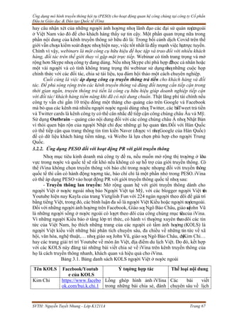Ứng dụng mô hình truyền thông hội tụ (PESO) cho hoạt động quan hệ công chúng tại công ty Cổ phần
Đầu tư Giáo dục & Đào tạo Quốc tế iVina
SVTH: Nguyễn Tuyết Nhung - Lớp K1211A Trang 67
hay câu nhận xét của những ngƣời ảnh hƣởng nhƣ lãnh đạo các đại sứ quán nƣớcngoài
ở Việt Nam vào đó để cho khách hàng thấy sự tin cậy. Một phần quan trọng nữa trong
phần nội dung của kênh truyền thông sở hữu đó là: Trong bối cảnh dịch Covid trên thế
giới vẫn chƣa kiểm soát đƣợc nhƣ hiện nay, việc tốt nhất là đẩy mạnh việc họctrực tuyến.
Chính vì vậy, webinars là một công cụ hữu hiệu để học tập và trao đổi với nhiều khách
hàng, đối tác trên thế giới thay vì gặp mặt trực tiếp. Webinar có tính trang trọng và mở
rộng hơn Skype nhƣ công ty đang dùng. Nếu nhƣ Skype chỉ phù hợp đểhọc cá nhân hoặc
một vài ngƣời và có tính không trang trọng thì webinar sử dụngnhƣnhững cuộc họp
chính thức với các đối tác, chia sẻ tài liệu, tọa đàm hội thảo một cách chuyên nghiệp.
Cuối cùng là việc áp dụng công cụ truyền thông trả tiền cho khách hàng và đối
tác. Để phủ sóng rộng trên các kênh truyền thông và đúng đối tượng cần tiếp cận trong
thời gian ngắn, truyền thông trả tiền là công cụ hữu hiệu giúp doanh nghiệp tiếp cận
với đối tác/ khách hàng tiềm năng khi đã có nội dung chuẩn. Thật lãng phí tài chính nếu
công ty vẫn chi gần 10 triệu đồng một tháng cho quảng cáo trên Google và Facebook
mà bỏ qua các kênh mà nhiều ngƣời nƣớc ngoài dùng nhƣ Twitter, các bàiTweet trả tiền
và Twitter cards là kênh công ty có thể cân nhắc để tiếp cận công chúng châu Âu và Mỹ.
Sử dụng Outbrain – quảng cáo nội dung đối với các công chúng châu Á nhƣ Nhật Bản
vì thói quen bận rộn của ngƣời Nhật chỉ đọc những gì họ quan tâm.Đối với Hàn Quốc
có thể tiếp cận qua trang thông tin tìm kiến Naver (đƣợc ví nhƣGoogle của Hàn Quốc)
để có dữ liệu khách hàng tiềm năng, và Weibo là lựa chọn phù hợp cho ngƣời Trung
Quốc.
3.2.2. Ứng dụng PESO đối với hoạt động PR với giới truyền thông
Nhƣ mục tiêu kinh doanh mà công ty đề ra, nếu muốn mở rộng thị trƣờng ở khu
vực trong nƣớc và quốc tế sẽ rất khó nếu không có sự hỗ trợ của giới truyền thông. Có
thể iVina không chọn truyền thông với báo chí trong nƣớc nhƣng đối với truyền thông
quốc tế thì cần có hành động tƣơng tác, báo chí chỉ là một phần nhỏ trong PESO. iVina
có thể áp dụng PESO vào hoạt động PR với giới truyền thông quốc tế nhƣ sau:
- Truyền thông lan truyền: Mở rộng quan hệ với giới truyền thông dành cho
ngƣời Việt ở nƣớc ngoài nhƣ báo Ngƣời Việt tại Mỹ, với các blogger ngƣời Việt t
r
ê
n
Youtube hiện nay Kayla của trang Vietglish Fun với 224 ngàn ngƣời theo dõi để giải trí
bằng tiếng Việt, trong đó, các bình luận đa số là ngƣời Việt Kiều hoặc ngƣời nƣớcngoài.
Đối với những ngƣời ảnh hƣởng trên Facebook, Giáo sƣ Ngô Bảo Châu, giáo s
ƣ
John Vũ
là những ngƣời sống ở nƣớc ngoài có lƣợt theo dõi của công chúng mục tiêucủa iVina.
Vì những ngƣời Kiều bào ở tầng lớp tri thức, có hành vi thƣờng xuyên theodõi các tin
tức của Việt Nam, họ thích những trang của các ngƣời có tầm ảnh hƣởng (KOLS) là
ngƣời Việt kiều viết những bài phân tích chuyên sâu, đa chiều về những tin tức về xã
hội, văn hóa, nghệ thuật,… nhƣ giáo sƣ John Vũ, giáo sƣ Ngô Bảo Châu, chịKim Chi…
hay các trang giải trí trí Youtube về món ăn Việt, địa điểm du lịch Việt. Do đó, kết hợp
với các KOLS này đăng tải những bài viết chia sẻ về iVina trên kênh truyền thông của
họ là cách truyền thông nhanh, khách quan và hiệu quả cho iVina.
Bảng 3.1. Bảng danh sách KOLS ngƣời Việt ở nƣớc ngoài
Tên KOLS Facebook/Youtub
e của KOLS
Ý tƣởng hợp tác Thể loại nội dung
Kim Chi https://www.facebo
ok.com/bui.k.chi.1
Lồng ghép hình ảnh iVIina
trong những bài chia sẻ, đánh
Các bài viết
chuyên sâu về lịch
 