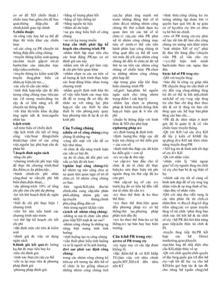 cơ sở để XD chiến thuật.1          +bằng số lượng phản hồi            cực,họ phản ứng mạnh mẽ           +thak thức:công chúng ko tin
chiến lược bao gồm:chủ đề bao      +bằng số liệu thống kê             trước những động thái of tổ       tưởng những tập đoàn lớn vì
quát;thông      điệp,chủ      đề   +bằng nguồn tài liệu               chức đó;có những nhóm công        quyền hạn quá lớn & sự giàu
chinh;kênh giao típ chính          +thăm dò dư luận                   chúng thì thờ ơ,lãnh đạm ko       có of họ;nhìu cty lớn có nhìu
5.chiến thuật:                     +sự gia tăng hiểu biết of công     quan tâm tới các hđ of tổ         vụ bê bối tài chính
-là công việc hay hđ cụ thể để     chúng                              chức.vì vậy,các nhà PR phải       -vtro of PR trong cty:cty phải
thực thi triển khai các chiến      +so với kq mong muốn               xđ rõ nhóm công chúng mục         nỗ lực rất lớn để làm cho công
lược                               b)sự cần thiết phải lập kế         tiêu of mình.vì thế cần tiến      chúng tin tưởng nên khái niệm
-sd các công cụ PR chuyển tải      hoạch cho chương trình PR          hành phân loại công chúng từ      “trak nhiệm XH of cty” phải
thông điệp đến công chúng:         -nhằm thiết lập mục tiêu cho       tổng quát đến cụ thể để xem       đc đưa lên hàng đầu->chuyên
+truyền thông kiểm soát:quảng      các hoạt động PR,tạo cơ sở         xét mức độ a/h của nhóm công      viên PR cố vấn cho cty
cáo,bản tin,tờ gấp,tờ rời,tờ       đánh giá sau này                   chúng đó đến tổ chức,từ đó xđ     ->y/c:thể hiện tính minh
bướm,báo cáo năm,thư trực          -nhằm ước tih số giờ làm việc      thứ tự ưu tiên các nhóm công      bạch;tuân theo các ngtac đạo
tiếp,video,website...              & chi phí liên quan khác           chúng of chiến lược PR.chọn       đức
+truyền thông ko kiểm soát:Qh      +nhằm chọn ra các ưu tiên về       ra những nhóm công chúng          b)các hđ of PR trog cty:
truyền thog,phát biểu cá           số lượng & lịch trình thực hiện    phù hợp để:                       -QH với truyền thog:
nhân,sự kiện,tài trợ,...           các hoạt động khác nhau trong      -tập trung giao tiếp khi thực     +báo đài là công cụ giúp nhà
-các yếu tố cần cân nhắc:          chương trình                       hiên chương trình PR              PR chuyển thog tin cần thiết of
+tính thik hợp:tiếp cận đc đối     -nhằm quyết định tính khả thi      -xđ,giới hạn,phân bổ nguồn        cty đến cog chug.những thog
tuong công chúng mục tiêu;tạo      of việc tiến hành các mục tiêu     ngân sách cho từng nhóm           tin đó có thể là hìh ảnh,chính
sức t/đ mong muốn;đáng tin         đã đề ra trong đk có đầy đủ        trọng điểm 1 cak hợp lý           sách,hđ of cty.+cug cấp thog
cậy & có khả năng a/h để           nhân sự với năng lực phù           -nhằm lựa chọn ra phương          tin cho báo chí đog thoi theo
chuyển tải thông điệp              hợp,có sẵn các thiết bị như        pháp & kênh truyền thông thik     dõi & xử lý thog tin báo chí
+tih khả thi:triển khai đc,đáp     thiết bị văn phòng,máy quay        hợp,có hiệu quả & ít tốn chi      thog qua các hđ họp báo,phát
ứng ngân sáh & time;nguồn          hay phương tiện đi lại & có đủ     phí                               thog cáo báo chí,…
nhân lực                           kinh phí                           -chuẩn bị thông điệp với hình     +PR đã đc nhìn nhận ở dưới
6.lịch trình:                                                         thức & ND cho phù hợp             góc độ là quản lý & cố vấn
-xđ time biểu of chiến dịch        Câu 5:công chúng                   e)phương pháp n/c                 chiến lược truyền thông.
-lập lịch trình chi tiết of từng   a)hiểu rõ về công chúng:công       -n/c định lượng & định tính:      -Qh với KH:+sd các dvu KH
công việc/hoạt động(chiến          chúng lầ những ng:                 +định lượng:thu thập các dữ       để lấy ý kiến of KHđể lấy
thuật):hạn chót of các công        -cùng đối mặt với vấn đề cơ        kiện mà chúng có thể diễn giải    sp.phog dvu KH tak khỏi chức
việc;nguồn lực phù hợp cần đc      hội như nhau                       = các con số                      năng truyền thog/PR
phân bổ                            -tổ chức & sẵn sàng tranh luận     +định tính:thu thập các dữ kiện   +XD log tin & hình ảnh tốt đẹp
7.hoạch đinh ngân sách             các vđe cơ hội đó                  ko diễn giải = con số             of cty đ/v KH
-tổng chi phí:                     -tự do tổ chức để đối phó với      -n/c sơ cấp & thứ cấp:            -Qh với nhân viên:
+chương trình:chi phí trực tiếp    vđe cơ hội đó tốt hơn              +sơ cấp:n/c ban đầu cho tổ        +nhân viên là “nhà ngoại
để thực thi chương trình:thuê      b)phân loại công chúng:bất         chức & do tổ chức đó thực         giao”of cty:nguồn thog tin chih
địa điểm,sx ấn phẩm,tiệc...        kể nhóm ng nào cũng chia sẻ        hiện;ko nên thực hiện trừ phi     về cty cho bạn bè & ng thân of
+hành chính:chi phí nhân           sự quan tâm quan ngại of tới tổ    nguồn thog tin thứ cấp đã ko      họ.
công,thuê tư vấn;chi phí bất       chức.có 10 nhóm công chúng         còn gtri                          +chính sak cty tốt sẽ củng cố
biến:điện,điện thoại,...           cơ bản:                            +thứ cấp:sd kq of các n/c         hình ảnh đẹp đẽ of cty trog log
+dự phòng:trích 10% of tổng        -bên ngoài:KH,nhà đtu/tài          trước;kq đó có liên hệ đến vđề    nhân viên & sự trug thah of họ.
chi phí cho chi phí dự phòng       chính,nhà cung cấp,nhà phân        mà tổ chức đó cần n/c             +đạo đức of nhân viên.
-lợi ích khi hoạch định đc ngân    phối,những nhóm gây sức            -n/c theo thể thức & ko theo      -QH với nhà đtu:+đối tươg là
sách:                              ép,truyền            thông,chính   thể thức:                         các nhà phân tik tài chih,cá
+biết đc chi phí thực hiện 1       phủ,cộng đồng dân cư               +n/c theo thể thức:liên quan      nhân/đơn vị đtu,cổ đog/cổ đog
chương trình                       -bên trong:người lđ,hội viên       đến phương pháp n/c có hệ         tiềm năng;các cơ quan truyền
+cho bít nên tiến hành các         c)cách xđ nhóm công chúng:         thống:thủ tục,phương pháp         thog về tài chih.+phải thog báo
chương trình nào trước             -những ai mà tổ chức cần phải      phân tích đầy đủ                  chih xác tih hih hđ & tài chih
+có thể lập kế hoạch chi tiết      giao tiếp/XD mqh & tại sao?        +n/c ko theo thể thức:ko có hệ    of cty.+hđ PR đòi hỏi khả năng
chi phí                            -nhóm công chúng là những ng       thống,n/c tại bàn hay hay hiện    giao tiếp,kiến thức tài chih &
+đặt định mức chi tiêu & kiểm      riêng biệt mang tính tình          trường                            PL
soát                               huống:                                                               -truyền thog tiếp thị:PR kết
+đánh giá đc việc sử dụng          +tình huống tạo ra công chúng      Câu 6:hđ PR trong cty:            hợp       các     hđ     Direct
ngân sách                          +cần thiết phải hiểu tình huống    a)vtro of PR trong cty            marketing,qcao,khuyến
8.đánh giá kết quả:đo lường        và ai là người sẽ bị ảnh hưởng     -cty ngày nay có các tập đoàn     mại,bán hag để nhậ diện nhu
kq đạt đc mục tiêu hay ko          d)vì sao phải xac định công        khổng lồ:                         cầu KH,nhận thức về sp
-tiêu chí đánh giá:                chúng:                             +đặc điểm:hđ & có KH khắp         -Qh với chih quyền:chih quyền
+tính xác thực,tin cậy,cụ thể      trong các nhóm công chúng kể       TG;làm việc với nhìu chính        of địa fuog,quốc gia t/đ đến hđ
+chỉ ra lại mục tiêu & phương      trên,sự a/h tương tác đến hđ of    quyền,MT,XH;t/đ đến nhìu          cty->qh tốt để fuc vụ cho hđ
pháp đánh giá                      tổ chức là ko giống nhau,có        nền KT                            KD,kêu gọi hợp tác & tạo đk
-phương pháp đánh giá:             những nhóm công chúng tích                                           cho nhưg hđ (quần chug).hđ
 