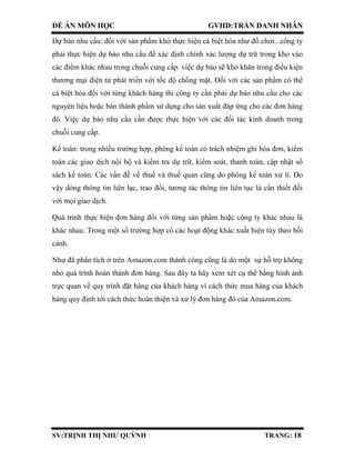 ĐỀ ÁN MÔN HỌC GVHD:TRẦN DANH NHÂN
SV:TRỊNH THỊ NHƯ QUỲNH TRANG: 18
Dự báo nhu cầu: đối với sản phẩm khó thực hiện cá biệt hóa như đồ chơi.. công ty
phải thực hiện dự báo nhu cầu để xác định chính xác lượng dự trữ trong kho vào
các điểm khác nhau trong chuỗi cung cấp. việc dự báo sẽ khó khăn trong điều kiện
thương mại điện tử phát triển với tốc độ chống mặt. Đối với các sản phẩm có thể
cá biệt hóa đối với từng khách hàng thì công ty cần phải dự báo nhu cầu cho các
nguyên liệu hoặc bán thành phẩm sử dụng cho sản xuất đáp ứng cho các đơn hàng
đó. Việc dự báo nhu cầu cần được thực hiện với các đối tác kinh doanh trong
chuỗi cung cấp.
Kế toán: trong nhiều trường hợp, phòng kế toán có trách nhiệm ghi hóa đơn, kiểm
toán các giao dịch nội bộ và kiểm tra dự trữ, kiểm soát, thanh toán, cập nhật sổ
sách kế toán. Các vấn đề về thuế và thuế quan cũng do phòng kế toán xử lí. Do
vậy dòng thông tin liên lạc, trao đổi, tương tác thông tin liên tục là cần thiết đối
với mọi giao dịch.
Quá trình thực hiện đơn hàng đối với từng sản phẩm hoặc công ty khác nhau là
khác nhau. Trong một số trường hợp có các hoạt động khác xuất hiện tùy theo bối
cảnh.
Như đã phân tích ở trên Amazon.com thành công cũng là do một sự hỗ trợ không
nhỏ quá trình hoàn thành đơn hàng. Sau đây ta hãy xem xét cụ thể bằng hình ảnh
trực quan về quy trình đặt hàng của khách hàng vì cách thức mua hàng của khách
hàng quy định tới cách thức hoàn thiện và xử lý đơn hàng đó của Amazon.com.
 