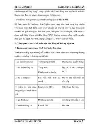 ĐỀ ÁN MÔN HỌC GVHD:TRẦN DANH NHÂN
SV:TRỊNH THỊ NHƯ QUỲNH TRANG: 7
vụ chương trình ứng dụng” cung cấp cho các khách hàng trực tuyến các website
thương mại điện tử. Ví dụ: Amazon.com, OnSale.com.
- Warehouse management system (Hệ thống quản lý kho-WMS )
Hệ thống quản lý kho hàng là một phần quan trọng của chuỗi cung ứng và chủ
yếu nhằm mục đích kiểm soát sự di chuyển và lưu trữ các vật liệu trong một
nhà kho và quá trình giao dịch liên quan, bao gồm cả vận chuyển, tiếp nhận và
chọn, xuất hàng hóa ra khỏi kho hàng. WMS thường sử dụng công nghệ cao như
máy quét mã vạch, máy tính, mạng không dây... để theo dõi sản phẩm.
II. Tổng quan về quá trình thức hiện đơn hàng và dịch vụ logistics.
1) Tầm quan trọng của quá trình thực hiện đơn hàng
Trước tiên ta hãy xem xét một số sự khác biệt về tiến trình mua bán trong thương
mại truyền thống và thương mại điện tử
Tiến trình mua hàng Thương mại điện tử Thương mại truyền thống
1. thu nhận thông tin Trang web,..
Catalogue trực tuyến
Tạp chí, tờ rơi, catalogue
giấy..
2. mô tả hàng hóa Các mẫu biểu điện tử,
email, …
Thư và các mẫu biểu in
trên giấy
3. kiểm tra khả năng
cung ứng và thoả thuận
giá
Email, web, EDI… Điện thoại, thư, fax..
4. tạo đơn hàng Đơn hàng điện tử Đơn hàng trên giấy in sẵn
5. trao đổi thông tin E.mail, EDI Thư, fax
 