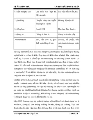 ĐỀ ÁN MÔN HỌC GVHD:TRẦN DANH NHÂN
SV:TRỊNH THỊ NHƯ QUỲNH TRANG: 8
6. kiểm hàng tại kho Các mẫu biểu điện tử,
EDI, e.mail..
Các biểu mẫu in sẵn, fax
7. giao hàng Chuyển hàng trực tuyến,
phương tiện vận tải
Phương tiện vận tải
8. thông báo Email, EDI Thư, fax, điện thoại…
9. chứng từ Chứng từ điện tử Chứng từ in trên giấy
10. thanh toán EDI, tiền điện tử, giao
dịch ngân hàng số hóa
Cheque, hối phiều, tiền
mặt, thanh toán qua ngân
hàng
Từ bảng trên ta thấy tiến trình mua hàng trong thương mại truyền thống và thương
mại điện tử về cơ bản là khá giống nhau chỉ khác nhau về cách thức và các công
cụ hỗ trợ. Vậy đâu là yếu tố tạo nên thành công của các công ty trực tuyến? Có
phải thành công đó có phải do quy trình hoàn thành đơn hàng điện tử mang lại hay
không? Và tiến trình hoàn thành đơn hàng trong thương mại điện tử phải trải qua
những bước nào? Tầm quan trọng của tiến trình này như thế nào đối với một công
ty trực tuyến ? Trước khi trả lời các câu hỏi trên ta hãy tìm hiểu sự thành công của
“ông vua” bán lẻ điện tử là Amazon.com .
Với bán lẻ truyền thống, khách hàng đi đến một cửa hàng và mua các mặt hàng mà
họ cần và sau đó mang về nhà. Bởi vậy việc duy trì một danh mục hàng tồn kho
trở nên vô cùng quan trọng. Và việc duy trì hàng tồn kho và việc vận chuyển các
sản phẩm tốn rất nhiều chi phí và thời gian.Với thương mại điện tử ( hay chính xác
hơn là bán lẻ điện tử e-retailing), khách hàng sẽ mua hàng một cách nhanh chóng
và hàng sẽ được vận chuyển đến tận nhà của họ.
Năm 1995 Amazon.com gia nhập thị trường với mô hình kinh doanh được gọi là
bán lẻ ảo, không có kho, không có hàng tồn kho, không có kệ hàng. Việc kinh
doanh này dựa trên việc nhận đơn đặt hàng điện tử và nhận thanh toán điện tử rồi
 