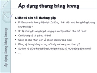 Áp dụng thang bảng lương 1.  Một số câu hỏi thường gặp   Phiên/áp mức lương hiện tại của từng nhân viên vào thang bảng lương như thế nào? Xử lý những trường hợp lương quá cao/quá thấp như thế nào? Quỹ lương sẽ tăng bao nhiêu? Công bố cho nhân viên về chính sách lương mới? Đăng ký thang bảng lương mới này với cơ quan pháp lý? Sự liên hệ giữa thang bảng lương mới xây và mức đóng Bảo hiểm? .... 
