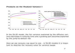 Numerical Solution using Craig-Sneyd ADI method II 
Allows to analyze volatility products with general accrual variable: 
I(t; T) = 
Z T 
t 
f(t0; V;X; I)dt0 (17) 
For example, for conditional up and down variance swap with upper 
level U(t) and lower level L(t) (in continuous time limit): 
fup(t; V;X) = 1feX(t)U(t)g2(t)V (t); fdown(t; V;X) = 1feX(t)L(t)g2(t)V (t) 
The implied density for up-variance with U = 1 and down-variance 
with L = 1 using the above given model parameters 
25 
 