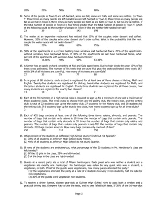 Page 3
20% 25% 50% 75% 80%
12. Some of the people in Town X are left-handed, some are tall, some are both, and some are neither. In Town
Y, three times as many people are left-handed as are left-handed in Town X, three times as many people are
tall as are tall in Town X, three times as many people are both as are both in Town X, but no one is neither. If
the total number of people in Town X is four times greater than the total number of people in Town Y, which
of the following could be the number of people in Town X who are neither left-handed nor tall?
23 39 72 143 199
13. The waiter at an expensive restaurant has noticed that 60% of the couples order dessert and coffee.
However, 20% of the couples who order dessert don't order coffee. What is the probability that the next
couple the waiter seats will not order dessert?
20% 25% 40% 60% 75%
14. 50% of the apartments in a certain building have windows and hardwood floors. 25% of the apartments
without windows have hardwood floors. If 40% of the apartments do not have hardwood floors, what
percent of the apartments with windows have hardwood floors?
10% 16.66% 40% 50% 83.33%
15. A farmer has an apple orchard consisting of Fuji and Gala apple trees. Due to high winds this year 10% of his
trees cross pollinated. The number of his trees that are pure Fuji plus the cross-pollinated ones totals 187,
while 3/4 of all his trees are pure Fuji. How many of his trees are pure Gala?
22 33 55 77 88
16. In a group of 68 students, each student is registered for at least one of three classes – History, Math and
English. Twenty-five students are registered for History, twenty-five students are registered for Math, and
thirty-four students are registered for English. If only three students are registered for all three classes, how
many students are registered for exactly two classes?
13 10 9 8 7
17. Each of the 59 members in a high school class is required to sign up for a minimum of one and a maximum of
three academic clubs. The three clubs to choose from are the poetry club, the history club, and the writing
club. A total of 22 students sign up for the poetry club, 27 students for the history club, and 28 students for
the writing club. If 6 students sign up for exactly two clubs, how many students sign up for all three clubs?
2 5 6 8 9
18. Each of 435 bags contains at least one of the following three items: raisins, almonds, and peanuts. The
number of bags that contain only raisins is 10 times the number of bags that contain only peanuts. The
number of bags that contain only almonds is 20 times the number of bags that contain only raisins and
peanuts. The number of bags that contain only peanuts is one-fifth the number of bags that contain only
almonds. 210 bags contain almonds. How many bags contain only one kind of item?
256 260 316 320 350
19. What percent of the students at Jefferson High School study French but not Spanish?
(1) 30% of all students at Jefferson High School study French.
(2) 40% of all students at Jefferson High School do not study Spanish.
20. If none of the students are ambidextrous, what percentage of the 20 students in Mr. Henderson's class are
left-handed?
(1) Of the 12 girls in the class, 25% are left-handed.
(2) 5 of the boys in the class are right-handed.
21. Guests at a recent party ate a total of fifteen hamburgers. Each guest who was neither a student nor a
vegetarian ate exactly one hamburger. No hamburger was eaten by any guest who was a student, a
vegetarian, or both. If half of the guests were vegetarians, how many guests attended the party?
(1) The vegetarians attended the party at a rate of 2 students to every 3 non-students, half the rate for
non-vegetarians.
(2) 30% of the guests were vegetarian non-students.
22. To receive a driver license, sixteen year-olds at Culliver High School have to pass both a written and a
practical driving test. Everyone has to take the tests, and no one failed both tests. If 30% of the 16 year-olds
 