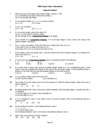 Page 32
GMAT Quant Topic 4 (Numbers)
Types of numbers
1. What is the sum of the digits of the positive integer n where n < 99?
(1) n is divisible by the square of the prime number y.
(2) y4
is a two-digit odd integer.
2. If x is a positive integer, is x! + (x + 1) a prime number?
(1) x < 10 (2) x is even
3. Is √(x + y) an integer?
(1) x3
= 64 (2) x2
= y – 3
4. If x is a prime number, what is the value of x?
(1) 2x + 2 is the cube of a positive integer.
(2) The average of any x consecutive integers is an integer.
5. List K consists of 12 consecutive integers, if -4 is the least integer in list K, what is the range of the
positive integers in the list K?
6. If m, r, x and y are positive, is the ratio of the m to r equal to the ratio of x to y?
1) the ratio of m to y is equal to the ratio of x to r
2) the ratio of m+x to r+y is equal to the ratio of x to y
7. If the integer a and n are greater than 1, and the product of the first 8 positive integers is a multiple of an
,
what is the value of a?
1). an
= 64 2). n = 6
8. If x is the sum of six consecutive integers, then x is divisible by which of the following:
I. 3 II. 4 III. 6
I only II only III only I and III I, II, and III
9. In a certain deck of cards, each card has a positive integer written on it. In a multiplication game, a child
draws a card and multiplies the integer on the card by the next larger integer. If each possible product is
between 15 and 200, then the least and greatest integers on the cards could be
3 and 15 3 and 20 4 and 13 4 and 14
10. If p is a positive integer, what is the value of p?
1). p/4 is a prime number 2). p is divisible by 3
11. The number 75 can be written as the sum of the squares of 3 different positive integers. What is the sum of
these 3 integers?
17 16 15 14 13
12. An integer greater than 1 that is not prime is called composite. If the two-digit integer n is greater than 20, is
n composite?
1). the tens digit of n is a factor of the units digit of n
2). the tens digit of n is 2.
13. If n is a multiple of 5 and n= p2
q, where p and q are prime numbers, which of the following must be a
multiple of 25?
p2
q2
pq p2
q2
p3
q
14. On the number line shown, is zero halfway between r and s?
----r---- s---- t---
1). s is to the right of zero
2). the distance between t and r is the same as the distance between t and -s.
15. What is the sum of the first 10 prime numbers?
100 101 128 129 158
 