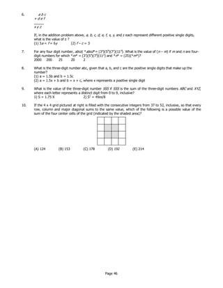 Page 46
6. a b c
+ d e f
x y z
If, in the addition problem above, a, b, c, d, e, f, x, y, and z each represent different positive single digits,
what is the value of z ?
(1) 3a = f = 6y (2) f – c = 3
7. For any four digit number, abcd, *abcd*= (3a
)(5b
)(7c
)(11d
). What is the value of (n – m) if m and n are four-
digit numbers for which *m* = (3r
)(5s
)(7t
)(11u
) and *n* = (25)(*m*)?
2000 200 25 20 2
8. What is the three-digit number abc, given that a, b, and c are the positive single digits that make up the
number?
(1) a = 1.5b and b = 1.5c
(2) a = 1.5x + b and b = x + c, where x represents a positive single digit
9. What is the value of the three-digit number SSS if SSS is the sum of the three-digit numbers ABC and XYZ,
where each letter represents a distinct digit from 0 to 9, inclusive?
1) S = 1.75 X 2) S2
= 49zx/8
10. If the 4 x 4 grid pictured at right is filled with the consecutive integers from 37 to 52, inclusive, so that every
row, column and major diagonal sums to the same value, which of the following is a possible value of the
sum of the four center cells of the grid (indicated by the shaded area)?
(A) 124 (B) 153 (C) 178 (D) 192 (E) 214
 