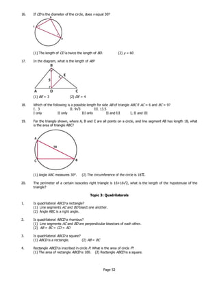 Page 52
16. If CD is the diameter of the circle, does x equal 30?
(1) The length of CD is twice the length of BD. (2) y = 60
17. In the diagram, what is the length of AB?
(1) BE = 3 (2) DE = 4
18. Which of the following is a possible length for side AB of triangle ABC if AC = 6 and BC = 9?
I. 3 II. 9√3 III. 13.5
I only II only III only II and III I, II and III
19. For the triangle shown, where A, B and C are all points on a circle, and line segment AB has length 18, what
is the area of triangle ABC?
(1) Angle ABC measures 30°. (2) The circumference of the circle is 18 .
20. The perimeter of a certain isosceles right triangle is 16+16√2, what is the length of the hypotenuse of the
triangle?
Topic 3: Quadrilaterals
1. Is quadrilateral ABCD a rectangle?
(1) Line segments AC and BD bisect one another.
(2) Angle ABC is a right angle.
2. Is quadrilateral ABCD a rhombus?
(1) Line segments AC and BD are perpendicular bisectors of each other.
(2) AB = BC = CD = AD
3. Is quadrilateral ABCD a square?
(1) ABCD is a rectangle. (2) AB = BC
4. Rectangle ABCD is inscribed in circle P. What is the area of circle P?
(1) The area of rectangle ABCD is 100. (2) Rectangle ABCD is a square.
 