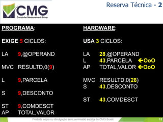 Proibida cópia ou divulgação sem permissão escrita do CMG Brasil.
Reserva Técnica - 2
PROGRAMA: HARDWARE:
EXIGE 5 CICLOS: USA 3 CICLOS:
LA 9,@OPERAND LA 28,@OPERAND
L 43,PARCELA OoO
MVC RESULTD,0(9) AP TOTAL,VALOR OoO
L 9,PARCELA MVC RESULTD,0(28)
S 43,DESCONTO
S 9,DESCONTO
ST 43,COMDESCT
ST 9,COMDESCT
AP TOTAL,VALOR
12
 