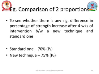 Eg. Comparison of 2 proportions
• To see whether there is any sig. difference in
percentage of strength increase after 4 wks of
intervention b/w a new technique and
standard one
• Standard one – 70% (P1)
• New technique – 75% (P2)
Prof. Asir John Samuel, Professor, MMIPR 205
 