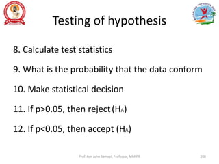 Testing of hypothesis
8. Calculate test statistics
9. What is the probability that the data conform
10. Make statistical decision
11. If p>0.05, then reject(HA)
12. If p<0.05, then accept (HA)
Prof. Asir John Samuel, Professor, MMIPR 208
 