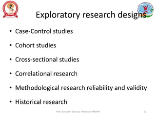Exploratory research designs
• Case-Control studies
• Cohort studies
• Cross-sectional studies
• Correlational research
• Methodological research reliability and validity
• Historical research
Prof. Asir John Samuel, Professor, MMIPR 21
 
