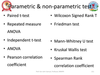 Parametric & non-parametric test
• Paired t-test
• Repeated measure
ANOVA
• Independent t-test
• ANOVA
• Pearson correlation
coefficient
• Wilcoxon Signed Rank T
• Friedman test
• Mann-Whitney U test
• Kruskal Wallis test
• Spearman Rank
correlation coefficient
Prof. Asir John Samuel, Professor, MMIPR 211
 