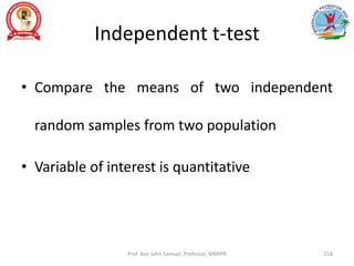 Independent t-test
• Compare the means of two independent
random samples from two population
• Variable of interest is quantitative
Prof. Asir John Samuel, Professor, MMIPR 218
 