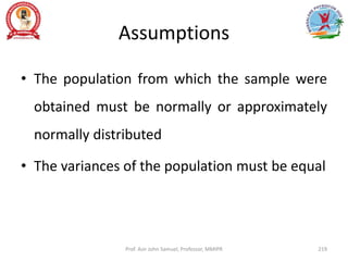Assumptions
• The population from which the sample were
obtained must be normally or approximately
normally distributed
• The variances of the population must be equal
Prof. Asir John Samuel, Professor, MMIPR 219
 