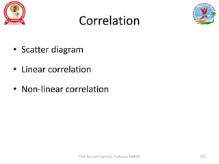 Correlation
• Scatter diagram
• Linear correlation
• Non-linear correlation
Prof. Asir John Samuel, Professor, MMIPR 231
 