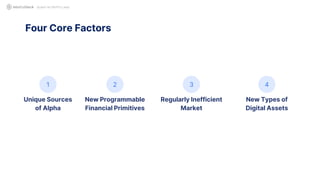 QUANT IN CRYPTO LAND
Unique Sources
of Alpha
New Programmable
Financial Primitives
Regularly Inefficient
Market
Four Core Factors
New Types of
Digital Assets
1 2 3 4
 