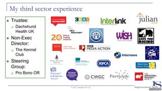 My third sector experience
◼ Trustee:
❑ Dachshund
Health UK
◼ Non-Exec
Director:
❑ The Kennel
Club
◼ Steering
Group:
❑ Pro Bono OR
© 2021 Copyright ISC Ltd.
 