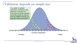 Validation: depends on sample size
© 2020 Copyright ISC Ltd.
Customer Satisfaction
Unhappy Happy
Your ability to validate
beneficiary satisfaction data
depends on sample size.
If you pick too small a sample
you could, purely by chance,
find very different results and
draw the wrong conclusions.
 
