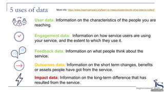 5 uses of data
User data: Information on the characteristics of the people you are
reaching.
Engagement data: Information on how service users are using
your service, and the extent to which they use it.
Feedback data: Information on what people think about the
service.
Outcomes data: Information on the short term changes, benefits
or assets people have got from the service.
Impact data: Information on the long-term difference that has
resulted from the service.
More info: https://www.inspiringimpact.org/learn-to-measure/plan/decide-what-data-to-collect/
 