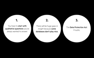 You have to start with
qualitative questions you’ve
always wanted to answer.
There will be huge gaps in
insight because some
databases don’t play nice.
The Data Protection Act.
It sucks.
1. 2. 3.
 