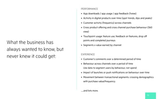 What the business has
always wanted to know, but
never knew it could get:
19
PERFORMANCE
• App downloads / app usage / app feedback (1view)
• Activity in digital products over time (spot trends, dips and peaks)
• Customer activity (frequency) across channels
• Cross product offering and cross channel purchase behaviour (360
view)
• Touchpoint usage: feature use, feedback on features, drop off
points and completed journeys
• Segments x value earned by channel
EXPERIENCE
• Customer’s comments over a determined period of time
• Behaviour across channels over a period of time 
Use data to segment users by behaviour, not spend
• Impact of launches or push notifications on behaviour over time
• Movement between transactional segments: crossing demographics
with purchase value/frequency
…..and lots more.
 