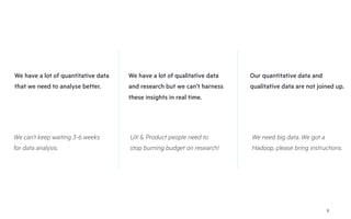 9
We have a lot of quantitative data
that we need to analyse better.
We have a lot of qualitative data
and research but we can’t harness
these insights in real time.
Our quantitative data and
qualitative data are not joined up.
We can’t keep waiting 3-6 weeks
for data analysis.
UX & Product people need to
stop burning budget on research!
We need big data. We got a
Hadoop, please bring instructions.
 