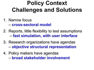 Policy Context
Challenges and Solutions
1. Narrow focus
– cross-sectoral model
2. Reports, little flexibility to test assumptions
– fast simulation, with user interface
3. Research organizations have agendas
– objective structural representation
4. Policy makers have agendas
– broad stakeholder involvement
 