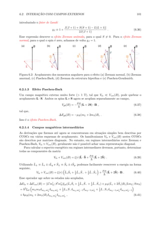6.2. INTERAC¸ ˜AO COM CAMPOS EXTERNOS 101
introduzindo o fator de Land´e
gJ ≡ 1 +
J(J + 1) + S(S + 1) − L(L + 1)]
2J(J + 1)
. (6.36)
Esse express˜ao descreve o efeito Zeeman anˆomalo, para o qual S = 0. Para o efeito Zeeman
normal, para o qual o spin ´e zero, achamos de volta gJ = 1.
Figura 6.2: Acoplamento dos momentos angulares para o efeito (a) Zeeman normal, (b) Zeeman
anormal, (c) Paschen-Back, (d) Zeeman da estrutura hiperﬁna e (e) Paschen-Goudsmith.
6.2.1.3 Efeito Paschen-Back
Um campo magn´etico externo muito forte (> 1 T), tal que Vls Vzee(B), pode quebrar o
acoplamento L · S. Ambos os spins L e S agora se acoplam separadamente ao campo,
Vpb(B) = −
µB
(L + 2S) · B , (6.37)
tal que,
∆Epb(B) = −µB(mL + 2mS)Bz . (6.38)
Isso ´e o efeito Paschen-Back.
6.2.1.4 Campos magn´eticos intermedi´arios
As deriva¸c˜oes que ﬁzemos at´e agora se concentraram em situa¸c˜oes simples bem descritas por
CCOCs em v´arios esquemas de acoplamento. Os hamiltonianos Vls e Vzee(B) nestes CCOCs
s˜ao descritos por matrizes diagonais. No entanto, em regimes intermedi´arios entre Zeeman e
Paschen-Back, Vls Vzee(B), geralmente n˜ao ´e poss´ıvel achar uma representa¸c˜ao diagonal.
Para calcular o espectro energ´etico em regimes intermediares devemos, portanto, determinar
todas as componentes da matriz
Vls + Vzee(B) = ξ(r)ˆL · ˆS +
µB
(ˆL + 2ˆS) . (6.39)
Utilizando ˆL± ≡ ˆLx ± iˆLy e ˆS± ≡ ˆSx ± i ˆSy, podemos facilmente reescrever a energia na forma
seguinte,
Vls + Vzee(B) = ξ(r) ˆLz
ˆSz + 1
2
ˆL+
ˆS− + 1
2
ˆL−
ˆS+ +
µB
(ˆL + 2ˆS) · B . (6.40)
Esse operador age sobre os estados n˜ao acoplados,
∆Els + ∆Ezee(B) = L mL; S mS|ξnl(ˆLz
ˆSz + 1
2
ˆL+
ˆS− + 1
2
ˆL−
ˆS+) + µB(ˆLz + 2 ˆSz)Bz|LmL; SmS
= 2
ξnl mLmSδmL,mL
δmS,mS
+ 1
2L+S−δmL,mL−1δmS−1,mS
+ 1
2L−S+δmL−1,mL
δmS,mS−1
+ µB(mL + 2mS)BzδmL,mL
δmS,mS
, (6.41)
 