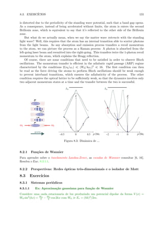 8.3. EXERC´ICIOS 131
is distorted due to the periodicity of the standing wave potential, such that a band gap opens.
As a consequence, instead of being accelerated without limits, the atom is enters the second
Brillouin zone, which is equivalent to say that it’s reﬂected to the other side of the Brillouin
zone.
But what do we actually mean, when we say the matter wave interacts with the standing
light wave? Well, this requires that the atom has an internal transition able to scatter photons
from the light beams. As any absorption and emission process transfers a recoil momentum
to the atom, we can picture the process as a Raman process: A photon is absorbed from the
left-going laser beam and reemitted into the right-going. This transfers twice the 1-photon recoil
momentum to the atom, which explains the Bragg reﬂection.
Of course, there are some conditions that need to be satisﬁed in order to observe Bloch
oscillations. The momentum transfer is eﬃcient in the adiabatic rapid passage (ARP) regime
characterized by the conditions 2(νb/ωr) (W0/4ωr)2 16. The ﬁrst condition can then
be read as the force driving the atoms to perform Bloch oscillations should be weak enough
to prevent interband transitions, which ensures the adiabaticity of the process. The other
condition requires the optical lattice to be suﬃciently weak, so that the dynamics involves only
two adjacent momentum states at a time and the transfer between the two is successful.
Figura 8.3: Dinˆamica de ...
8.2.1 Fun¸c˜oes de Wannier
Para aprender sobre o tunelamento Landau-Zener, as escadas de Wannier consultar [6, 16].
Resolva o Exc. 8.3.1.1.
8.2.2 Perspectivas: Redes ´opticas trˆes-dimensionais e o isolador de Mott
8.3 Exerc´ıcios
8.3.1 Sistemas peri´odicos
8.3.1.1 Ex: Aproxima¸c˜ao gaussiana para fun¸c˜ao de Wannier
Considere uma onda estacionaria de luz produzindo um potencial dipolar da forma V (x) =
W0 sin2
(kx) = W0
2 − W0
2 cos 2kx com W0 Er = ( k)2/2m.
 
