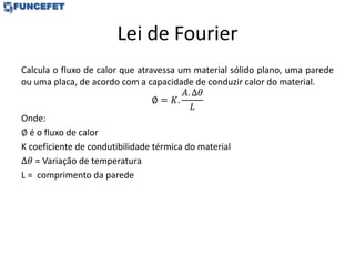 Lei de Fourier
Calcula o fluxo de calor que atravessa um material sólido plano, uma parede
ou uma placa, de acordo com a capacidade de conduzir calor do material.
∅ = 𝐾.
𝐴. ∆𝜃
𝐿
Onde:
∅ é o fluxo de calor
K coeficiente de condutibilidade térmica do material
∆𝜃 = Variação de temperatura
L = comprimento da parede
 