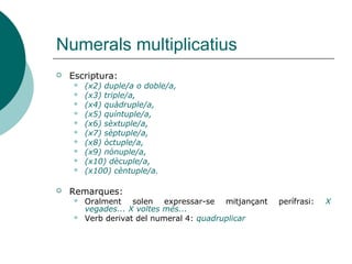 Numerals multiplicatius
   Escriptura:
       (x2) duple/a o doble/a,
       (x3) triple/a,
       (x4) quàdruple/a,
       (x5) quíntuple/a,
       (x6) sèxtuple/a,
       (x7) sèptuple/a,
       (x8) òctuple/a,
       (x9) nònuple/a,
       (x10) dècuple/a,
       (x100) cèntuple/a.

   Remarques:
       Oralment solen expressar-se mitjançant     perífrasi:   X
        vegades... X voltes més...
       Verb derivat del numeral 4: quadruplicar
 