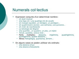 Numerals col·lectius
   Expressen conjunts d’un determinat nombre:
        Un duet musical
        Una biga (2) i una quadriga (4) de cavalls
        Un triangle equilàter, un tetràgon, un pentàgon...
        Un quadrimestre escolar; una setmana; una quinzena...
        Un miler de manifestants
        La tetralogia de Wagner
        Una quartilla , un quadern, un plec, un tríptic
        Tercet, quarteta, octava reial...
        Parts    múltiples:   bessons,     trigèmins,   quadrigèmins,
         quintigèmins, quatre bessons...
        Altres:Tetraplegia, quaresma, birrem...

   En alguns casos es poden utilitzar els ordinals:
        Una dotzena d’ous
        Una desena d’estudiants
 
