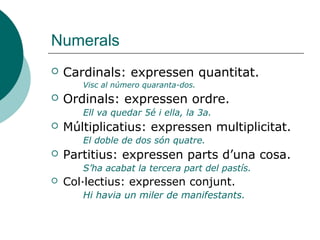 Numerals
   Cardinals: expressen quantitat.
       Visc al número quaranta-dos.
   Ordinals: expressen ordre.
       Ell va quedar 5é i ella, la 3a.
   Múltiplicatius: expressen multiplicitat.
       El doble de dos són quatre.
   Partitius: expressen parts d’una cosa.
       S’ha acabat la tercera part del pastís.
   Col·lectius: expressen conjunt.
       Hi havia un miler de manifestants.
 