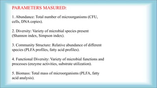 1. Abundance: Total number of microorganisms (CFU,
cells, DNA copies).
2. Diversity: Variety of microbial species present
(Shannon index, Simpson index).
3. Community Structure: Relative abundance of different
species (PLFA profiles, fatty acid profiles).
4. Functional Diversity: Variety of microbial functions and
processes (enzyme activities, substrate utilization).
5. Biomass: Total mass of microorganisms (PLFA, fatty
acid analysis).
PARAMETERS MASURED:
 