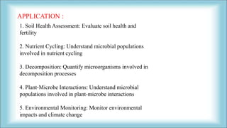 1. Soil Health Assessment: Evaluate soil health and
fertility
2. Nutrient Cycling: Understand microbial populations
involved in nutrient cycling
3. Decomposition: Quantify microorganisms involved in
decomposition processes
4. Plant-Microbe Interactions: Understand microbial
populations involved in plant-microbe interactions
5. Environmental Monitoring: Monitor environmental
impacts and climate change
APPLICATION :
 