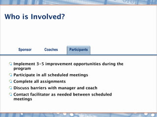 Who is Involved?



    Sponsor      Coaches     Participants


  Implement 3-5 improvement opportunities during the
  program
  Participate in all scheduled meetings
  Complete all assignments
  Discuss barriers with manager and coach
  Contact facilitator as needed between scheduled
  meetings
 