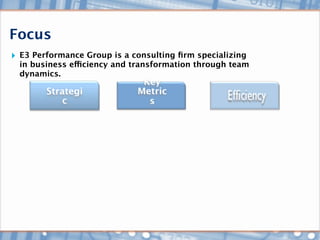 Focus
‣ E3 Performance Group is a consulting ﬁrm specializing
  in business efficiency and transformation through team
  dynamics.
                              Key
        Strategi             Metric
            c                  s
 