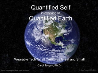 Quantified Self
is evolving to
Quantified Earth
Wearable Tech for all Creatures Great and Small
Carol Torgan, Ph.D.
Photo ...