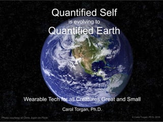 Quantified Self
is evolving to
Quantified Earth
Wearable Tech for all Creatures Great and Small
Carol Torgan, Ph.D.
Photo courtesy of Chris Jupin on Flickr © Carol Torgan, Ph.D. 2016
 